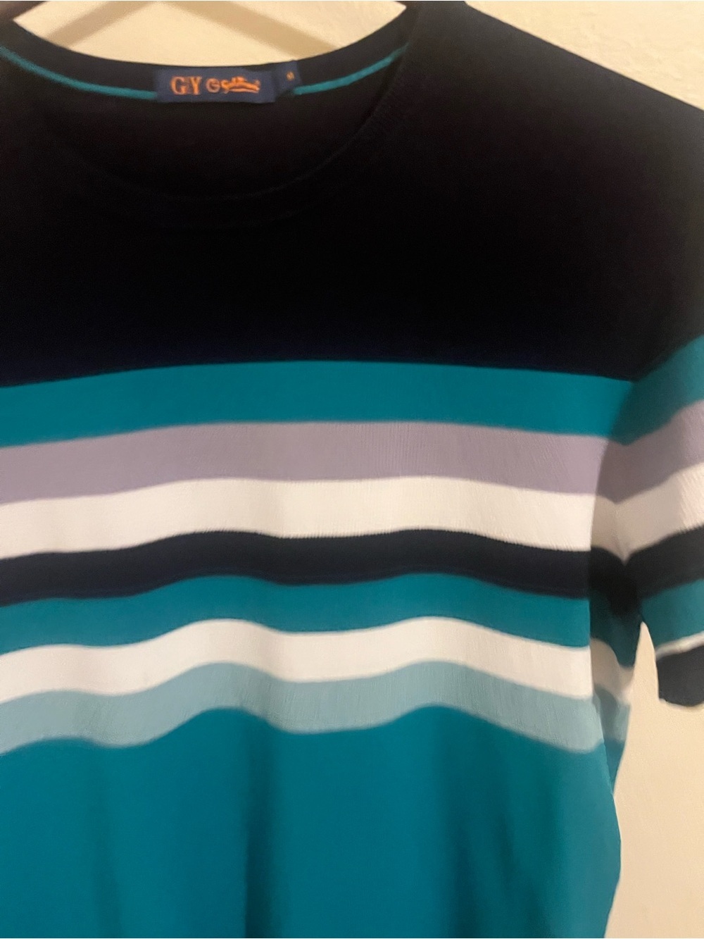 G Y Goldlion Crewneck Striped Knit Tee in Teal, Black & White - Picture 2 of 5